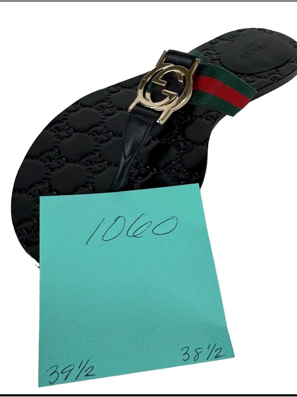 Gucci Black Leather Thong Sandals with Red and Green Web and Gold GG - Picture 14 of 15